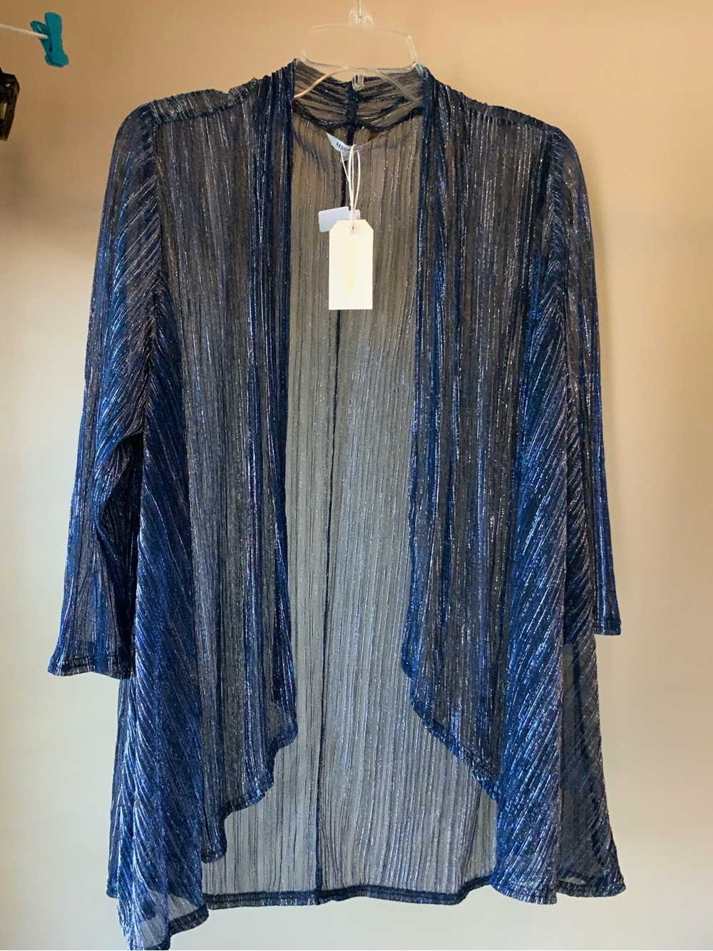 glam Navy Metallic Ribbed Open-Front Cardigan